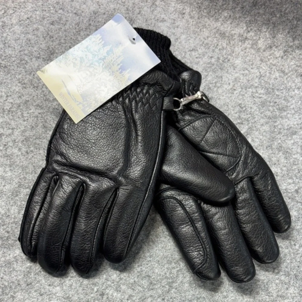 Black Leather cow hide poly lined warm pull on mitten gloves NWT size Medium